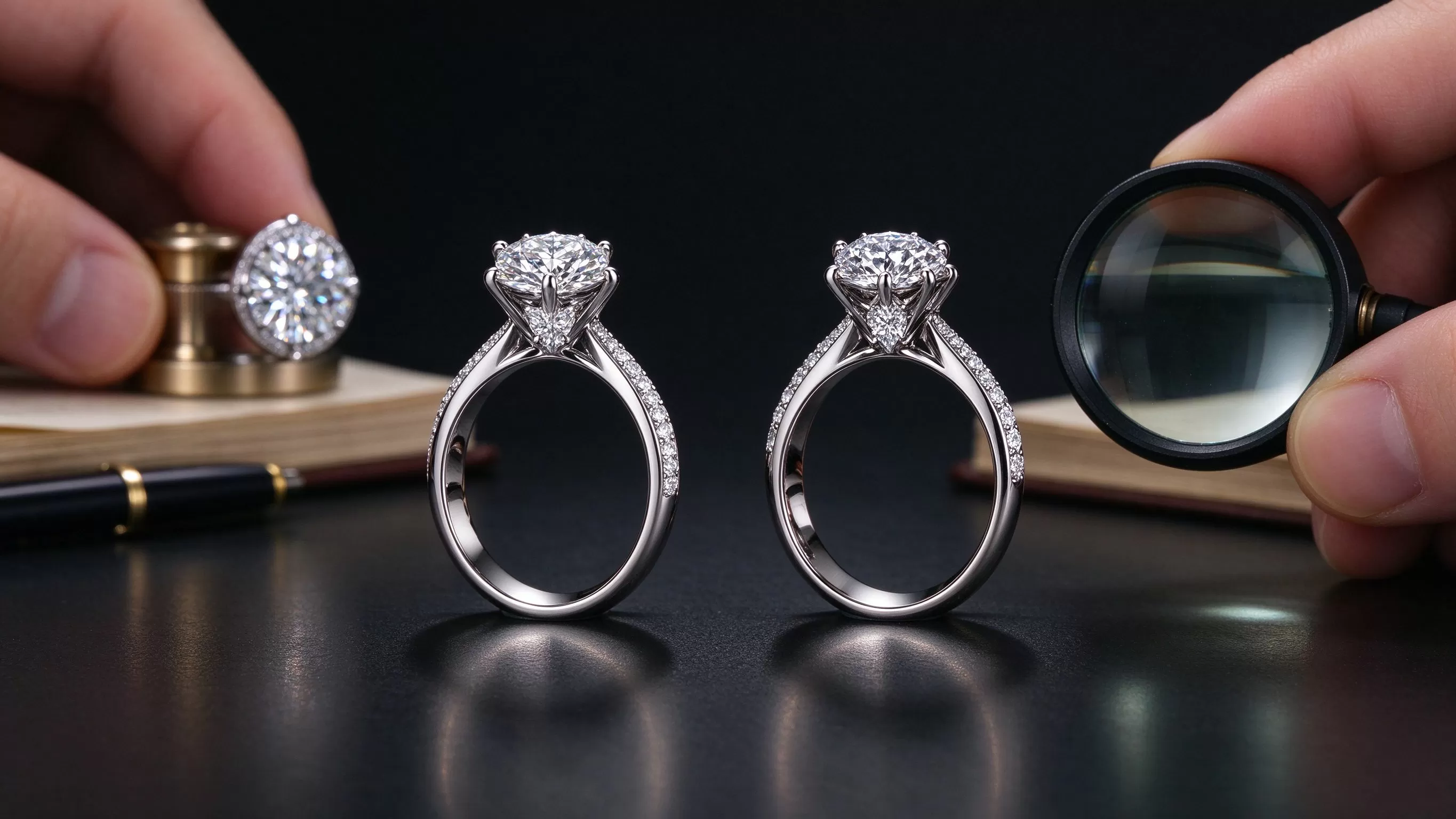 Side by side comparison of a moissanite and a white sapphire loose gemstone