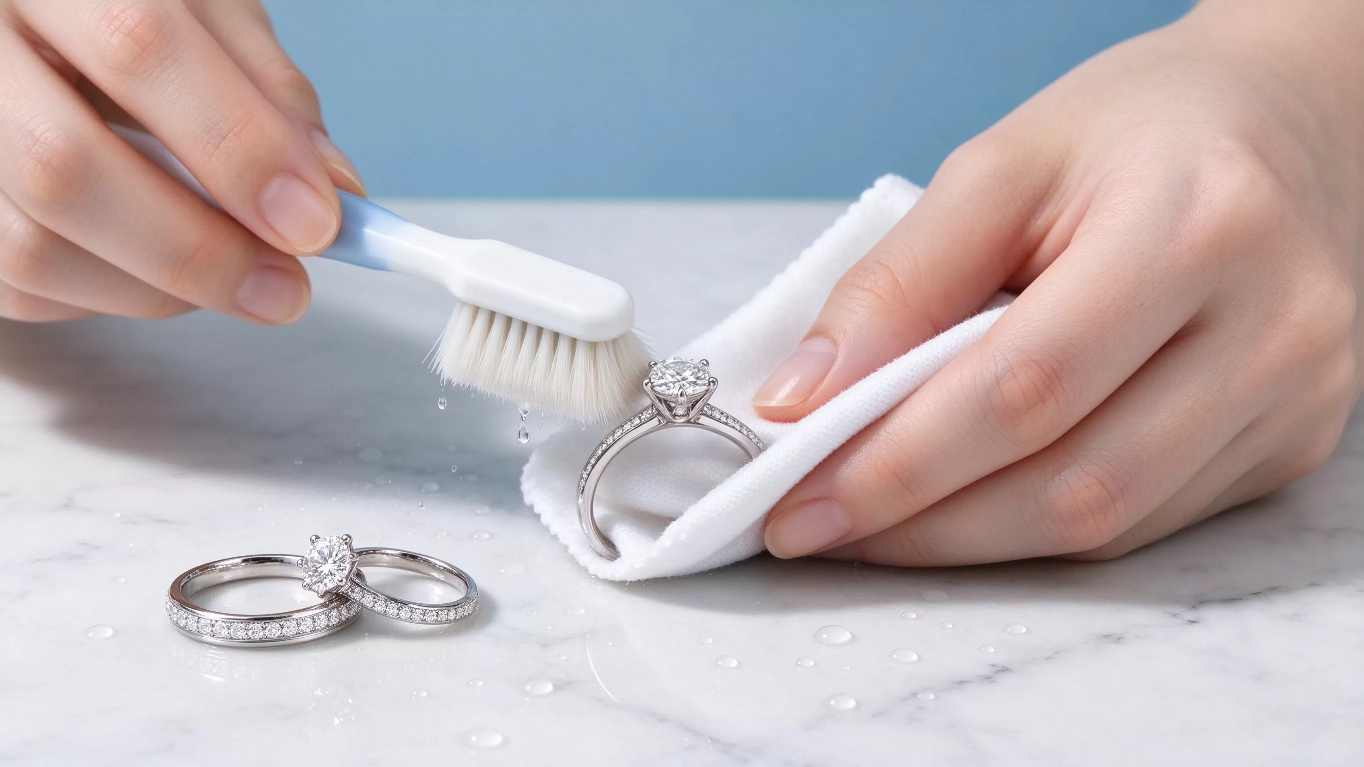Jewelry laid on a soft cloth being wiped after a summer day to remove sweat and sunscreen