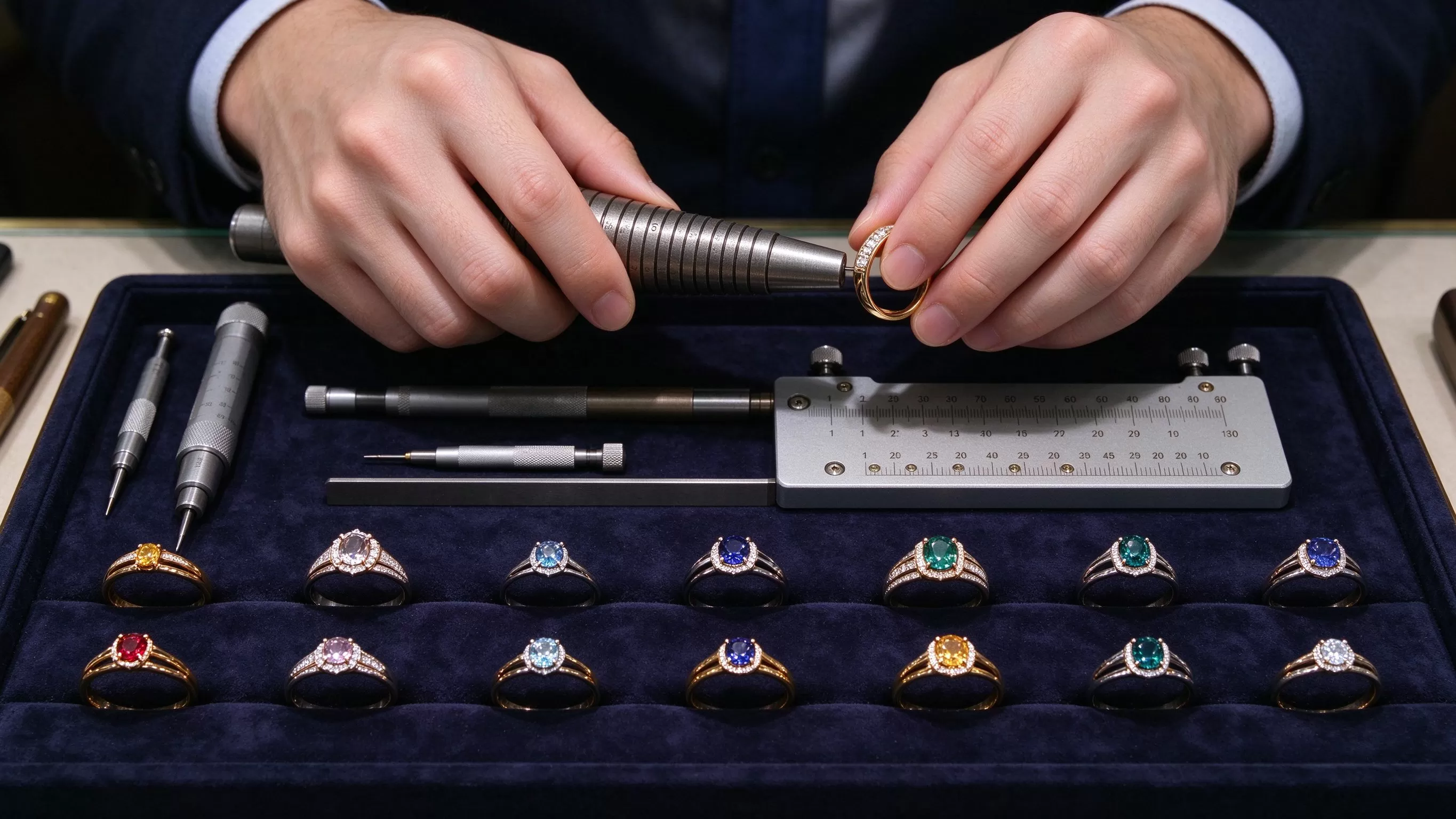 A wedding band being sized down by a jeweler after weight loss