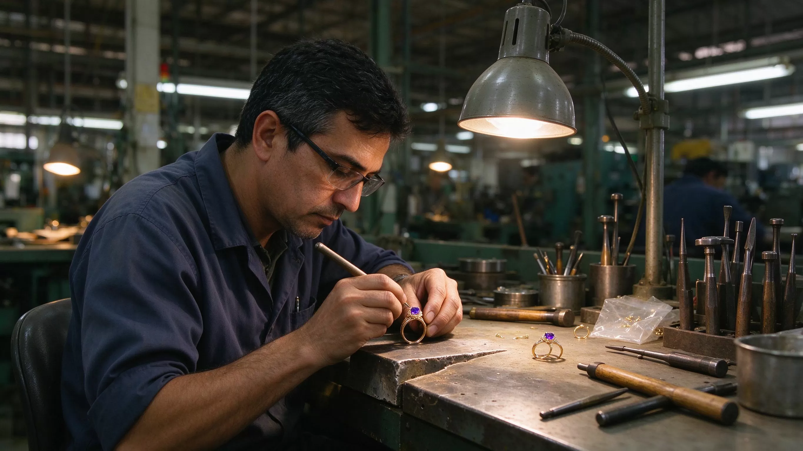 Assayed gold casting grains and refined precious metal bars on a workbench